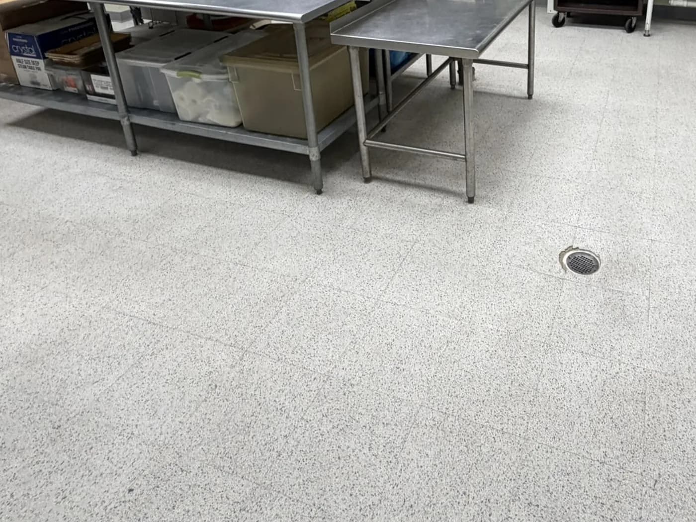 Commercial kitchen floor before and after restoration cleaning by Kenny’s Pristine Detailing