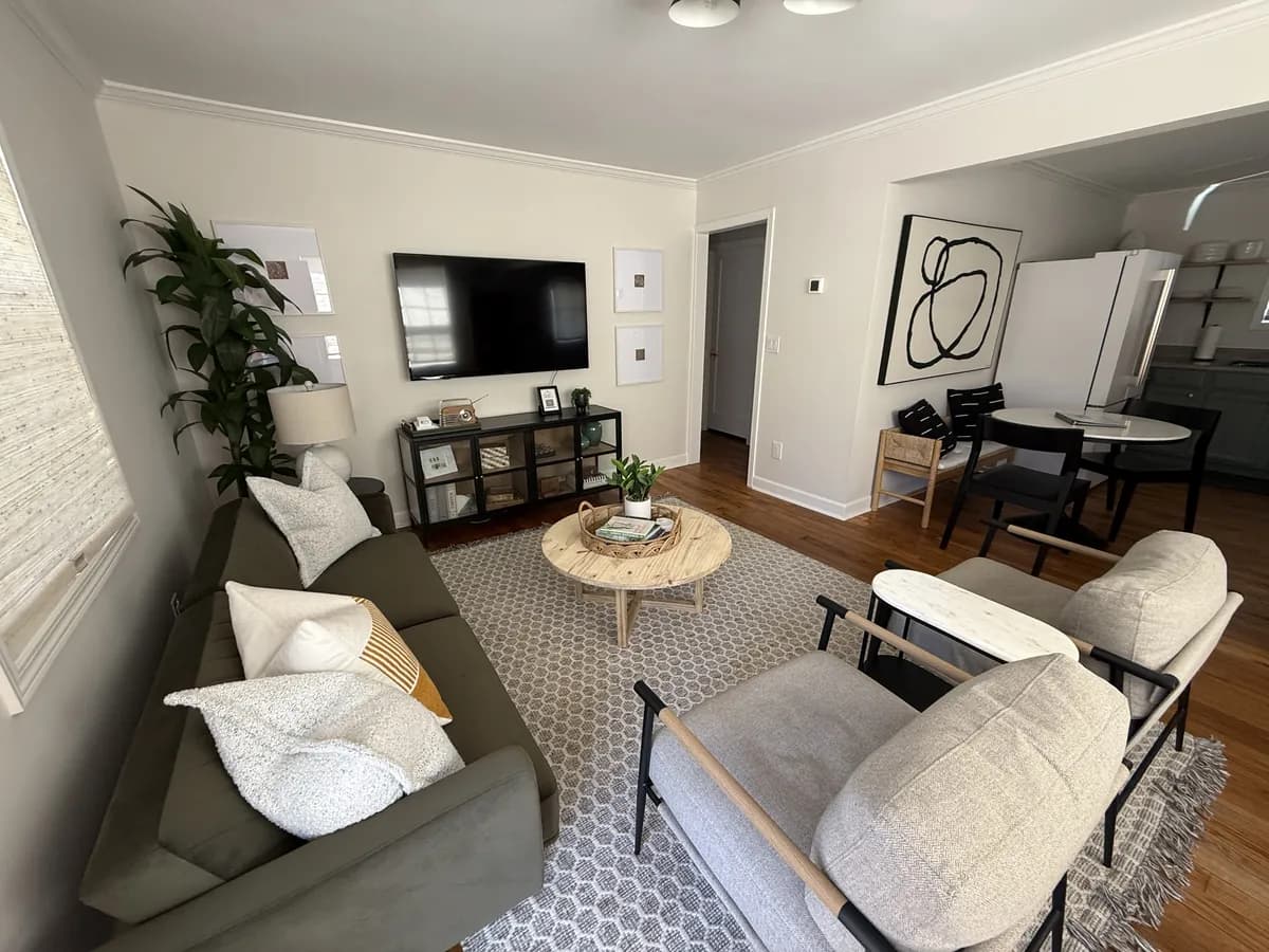 Living room reset between guests during a short-term rental turnover